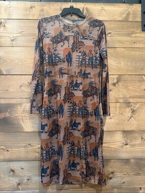 2 Fly Brown Mesh Western Print Midi Dress